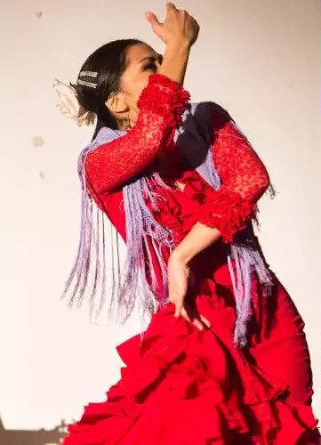 Ceci est une image d'une danseuse de flamenco qui suit le rythme donné par un guitariste.